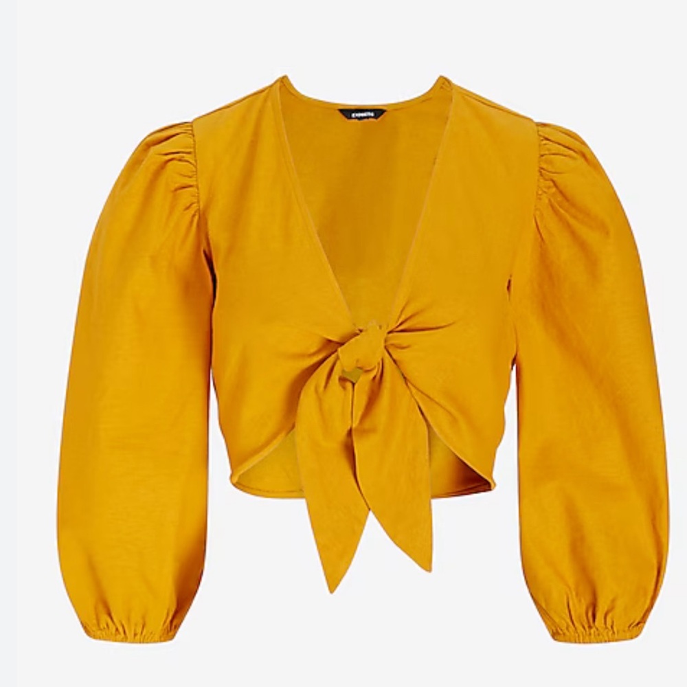 Express Linen Blend Tie Front Puff Sleeve Cropped Top